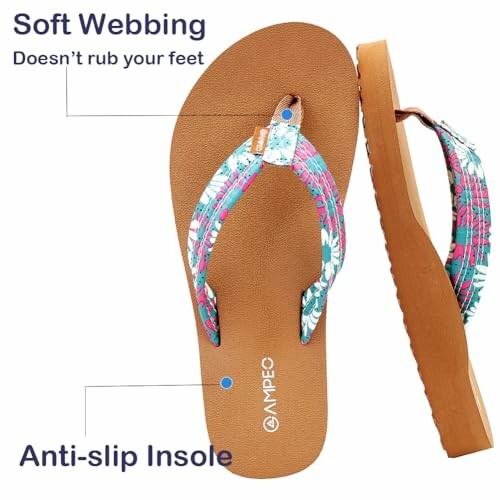 Ampeo floral flip flops with soft webbing and anti-slip insole