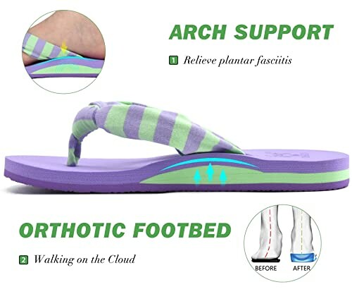 Purple and green striped sandals with arch support and orthotic footbed features for plantar fasciitis relief.