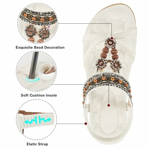 White sandal with exquisite bead decoration, soft cushion insole, and elastic strap.