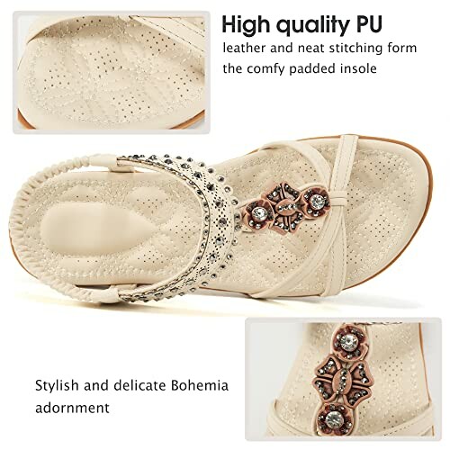 Beige bohemian sandal with padded insole and decorative adornments.