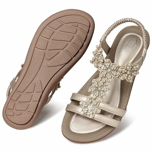 Beige women's sandals with floral embellishments