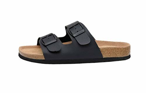 Black sandal with two buckles and cork footbed