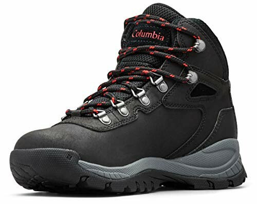 Black hiking boot with red laces.