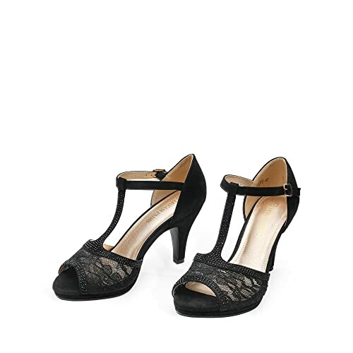 Black lace heeled sandals with ankle strap