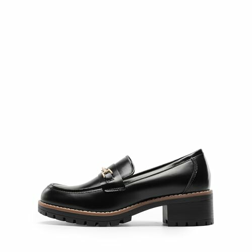 Black leather loafer shoe with chunky heel