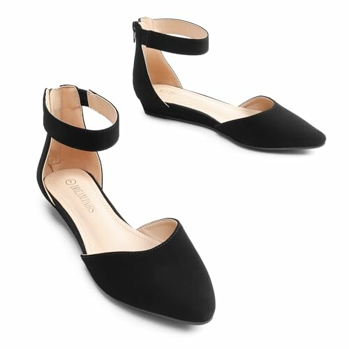 Black pointed toe flats with ankle straps