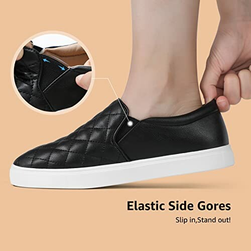 Black slip-on shoe with elastic side gores feature.