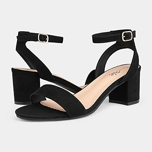 Black suede chunky heeled sandals with ankle strap