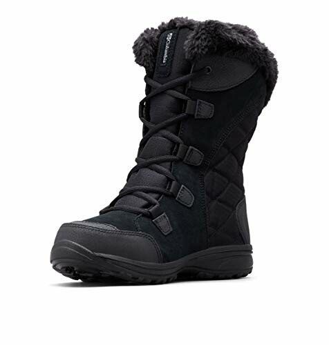 Black winter boot with fur lining and lace-up design.