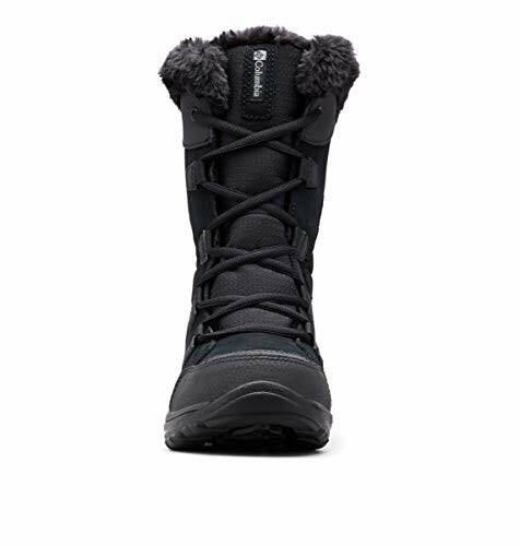 Front view of a black winter boot with fur lining.