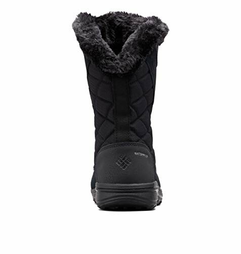 Black winter boot with fur lining, rear view.