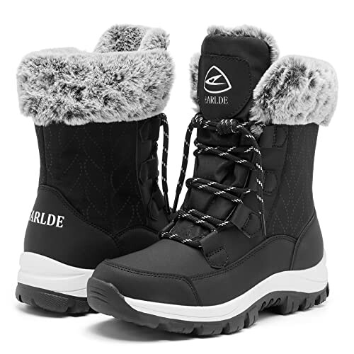 Pair of black winter boots with fur lining and laces