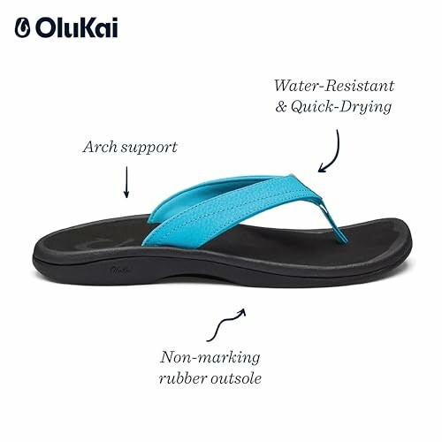 Blue sandal with arch support and non-marking rubber outsole.