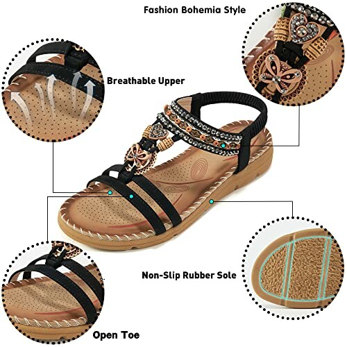 Women's Bohemian style sandal with breathable upper, non-slip rubber sole, open toe, and decorative elements.