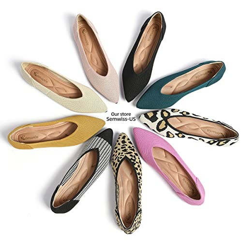 Colorful flat shoes arranged in a circle.