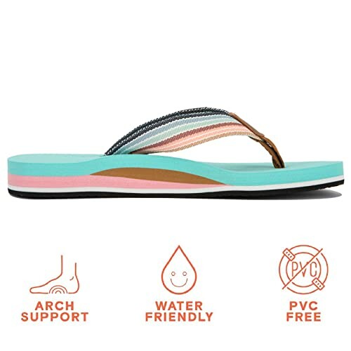 Colorful flip-flop with arch support, water-friendly, PVC-free.