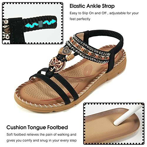 Comfortable sandals with elastic ankle strap and cushion tongue footbed.