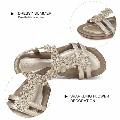 Elegant summer sandals with sparkling flower decoration and breathable open toe.