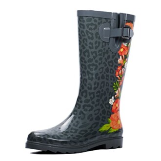 Gray rain boot with floral and animal print design