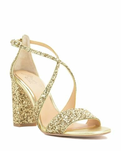 Gold glitter block heel sandal with ankle strap