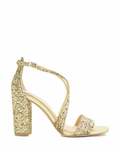 Gold glitter high heel sandal with ankle strap