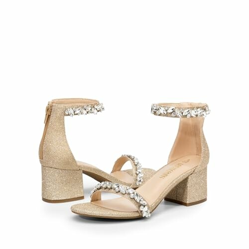 Gold sparkle block heels with rhinestone embellishments.