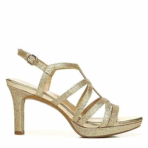 Gold strappy high heel sandal with buckle