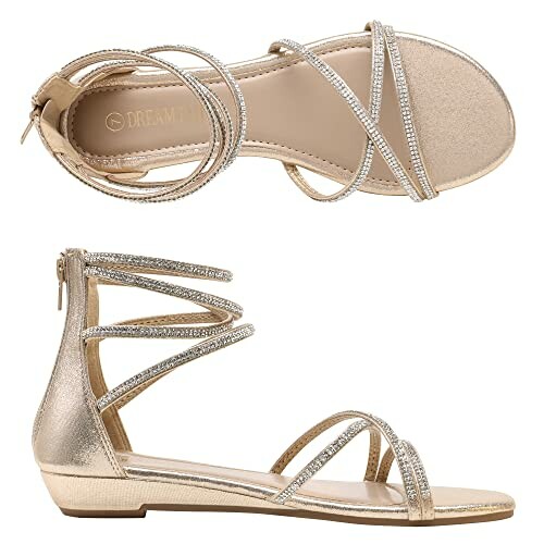 Gold strappy sandals with glitter details and zipper closure