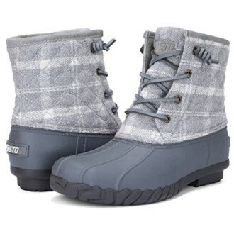 Gray duck boots with quilted pattern and laces.