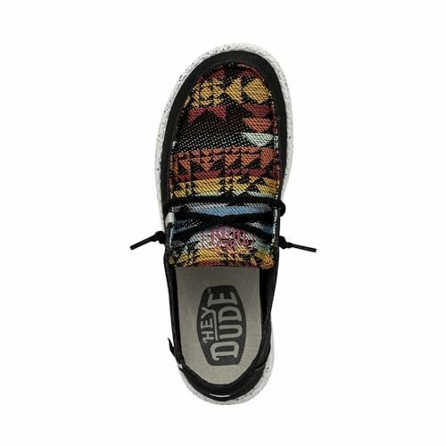 Top view of a colorful Hey Dude casual shoe.