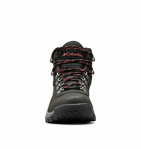 Front view of a black and red hiking boot.