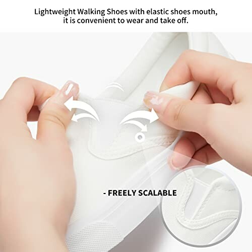 Hands adjusting elastic mouth of white walking shoe.