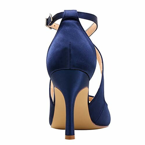 Rear view of a navy blue high heel shoe with an ankle strap