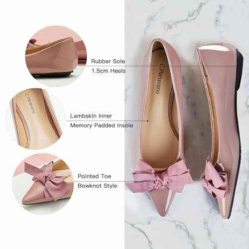 Pink pointed toe flats with bow and rubber sole, 1.5cm heels.