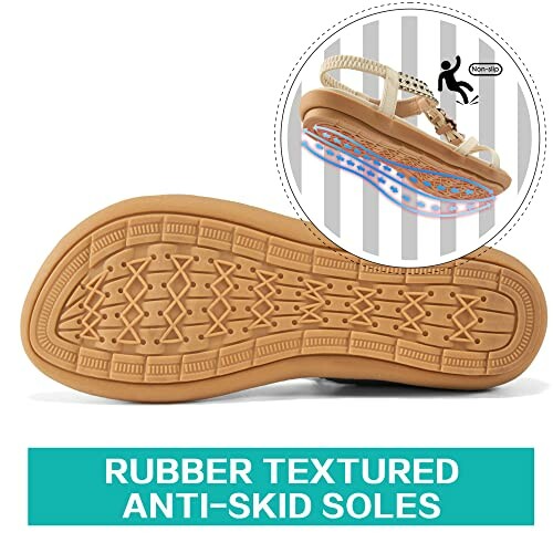 Sandal with rubber textured anti-skid sole and detailed sole design.