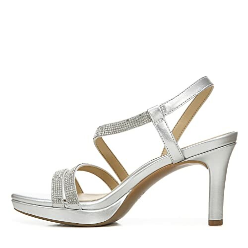 Silver high heel sandal with rhinestone straps