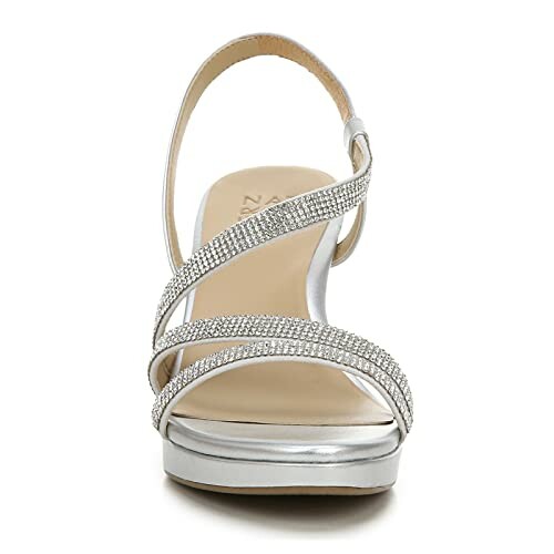 Silver strappy high heel sandal with rhinestone embellishments