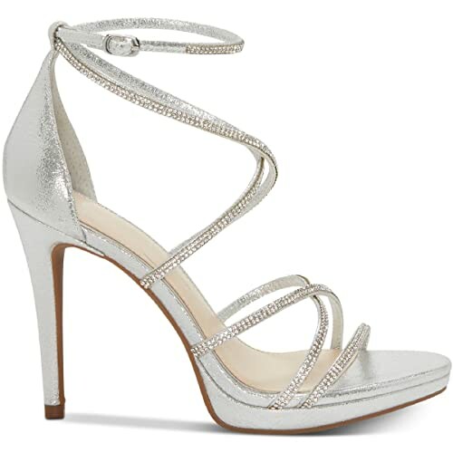 Silver strappy high heel sandal with ankle strap