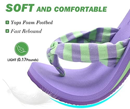 Purple and green striped soft flip-flop with yoga foam footbed and fast rebound.