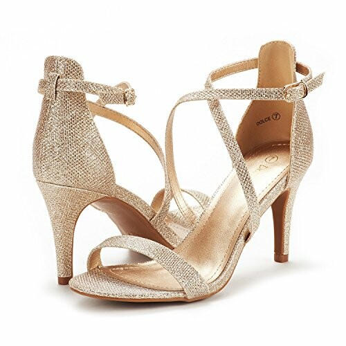 Sparkly gold strappy high-heeled shoes