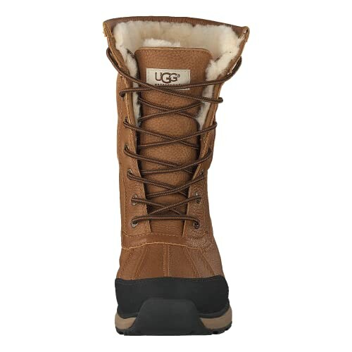 Front view of a brown UGG winter boot with fur lining.