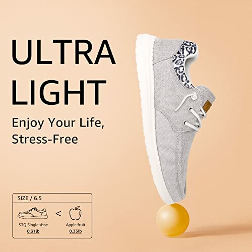 Lightweight shoe on a balancing ball with text highlighting stress-free comfort.