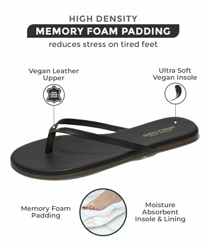 Black flip-flop sandal with memory foam padding and vegan leather upper.