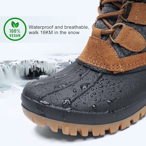 Vegan waterproof snow boots with ice in background