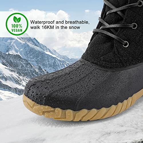 Vegan snow boot on snowy mountain