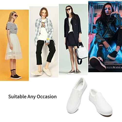 Collage of women in different outfits showcasing versatile slip-on shoes for any occasion.