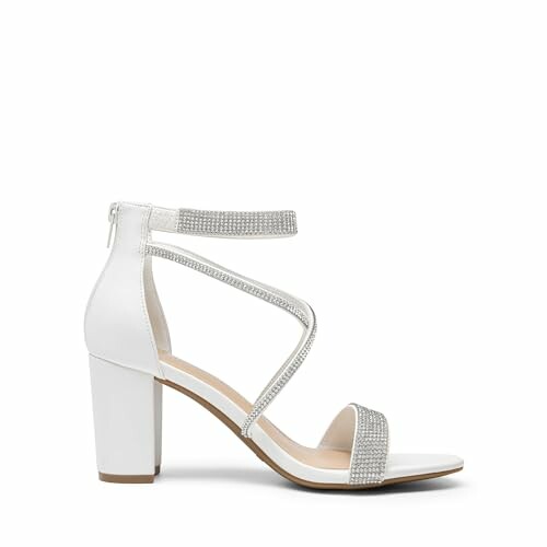 White block heel sandals with rhinestone straps