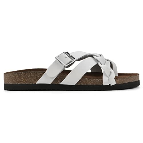 White leather sandal with buckle and braided straps