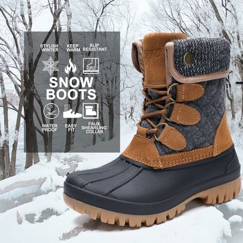 Stylish winter snow boots on snowy background with features listed.