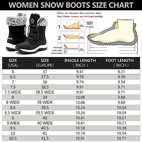 Women's snow boots size chart with instructions for measuring foot length.